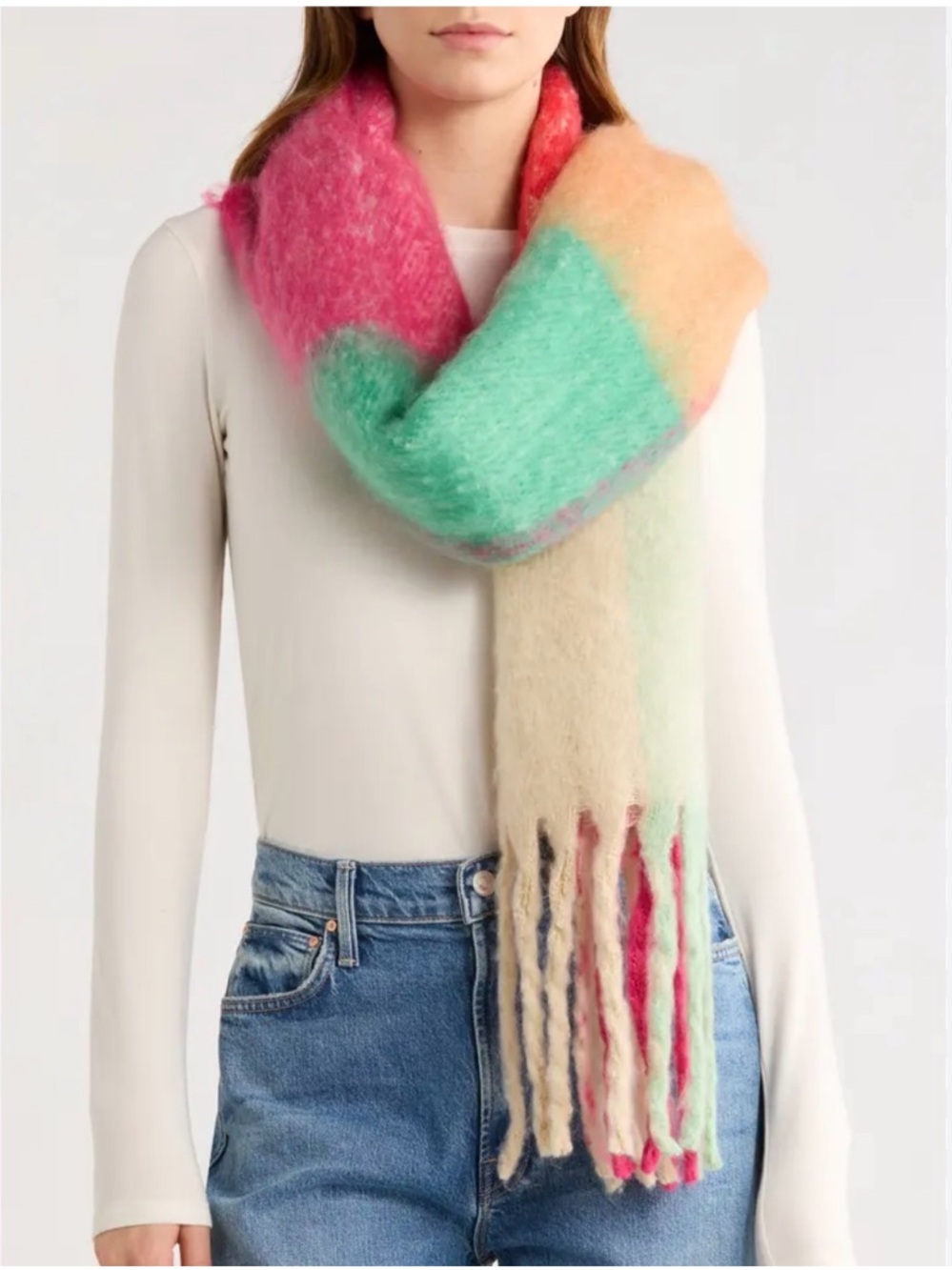 NWT Vibrant Colorblock ‘Save the Ocean’ Fringe Scarf - Pink, Mint, Peach, Cream